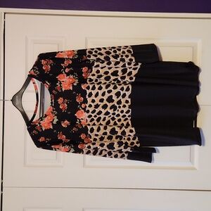 Nanu Knee Length Long Sleeve Dress Black with Leopard Print and Roses - Size 2X